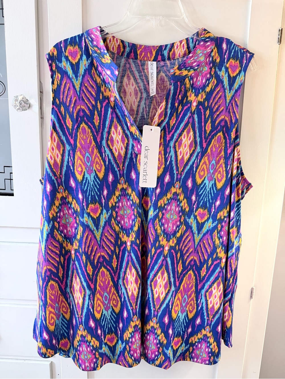 Dear Scarlett Women's Sleeveless V-Neck Camisole in Blue & Pink Ikat Print